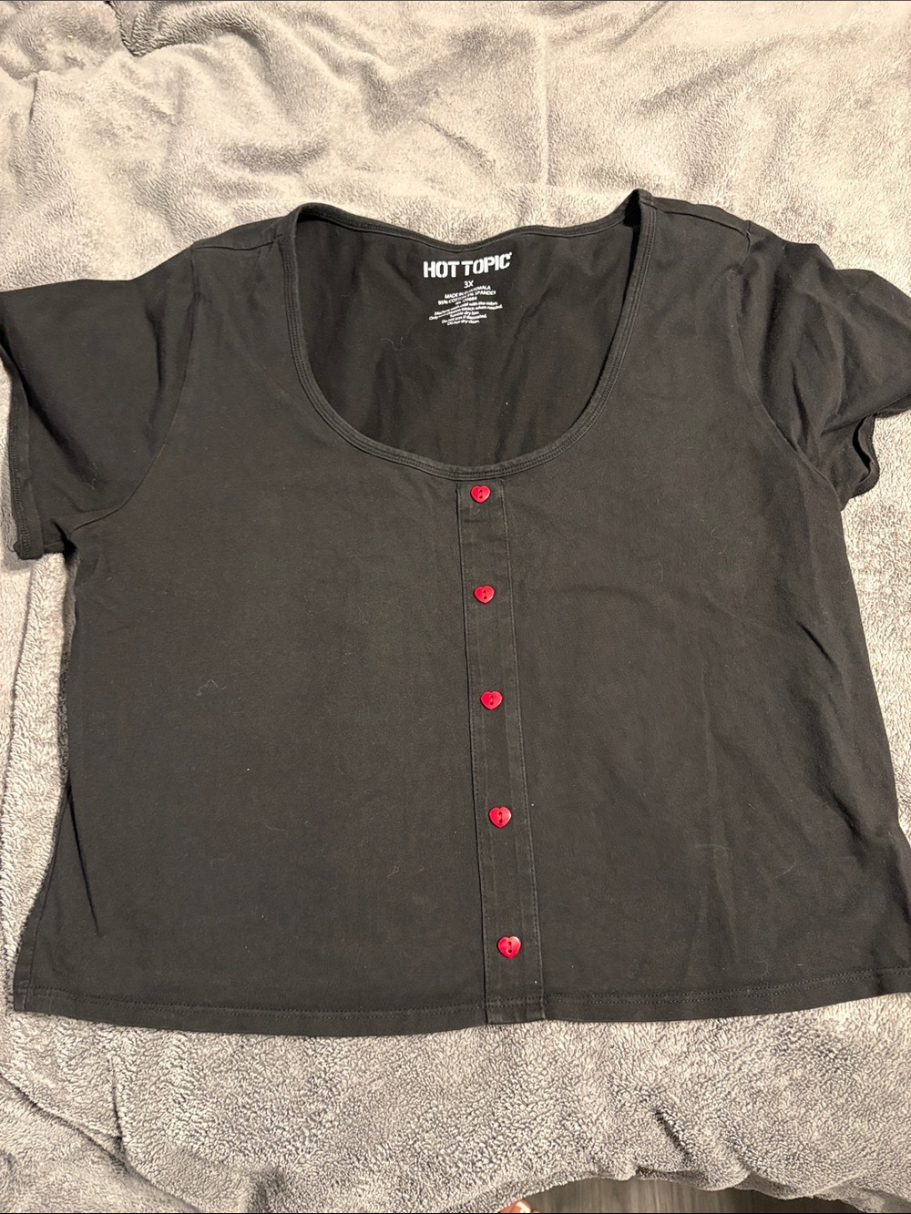 Hot Topic Black Scoop Neck Tee with Red Heart Buttons Down Front